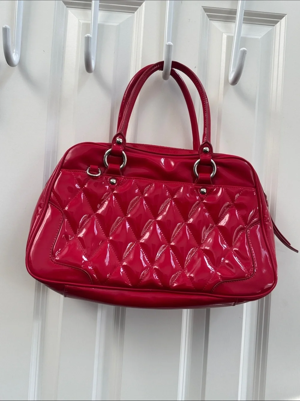 Coach Poppy Quilted Patent Red Satchel with Silver Hardware